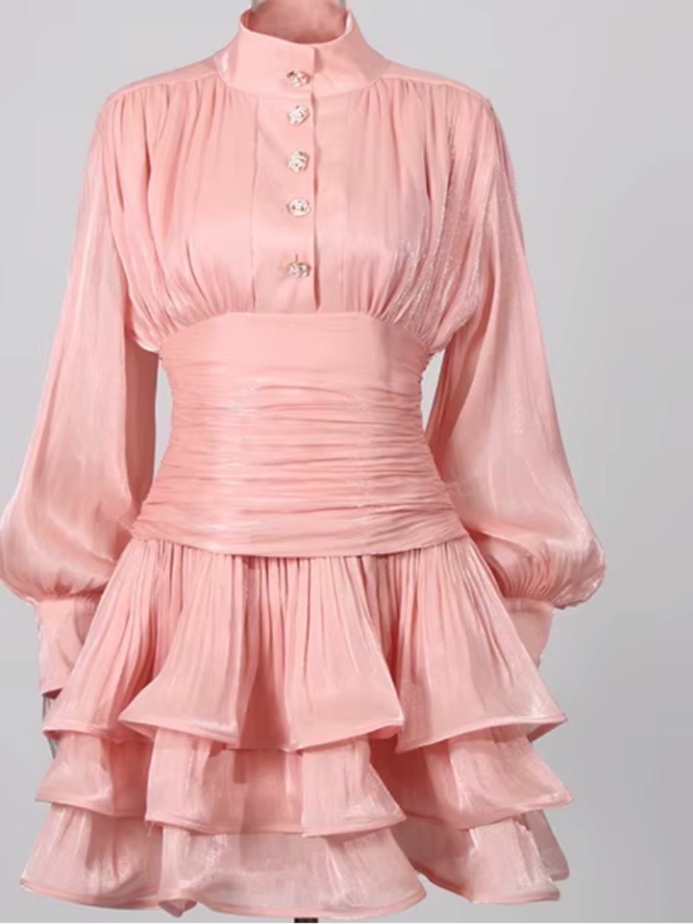 High-Neck Pink Ruffle-Trim Mini Dress - Picture 2 of 7